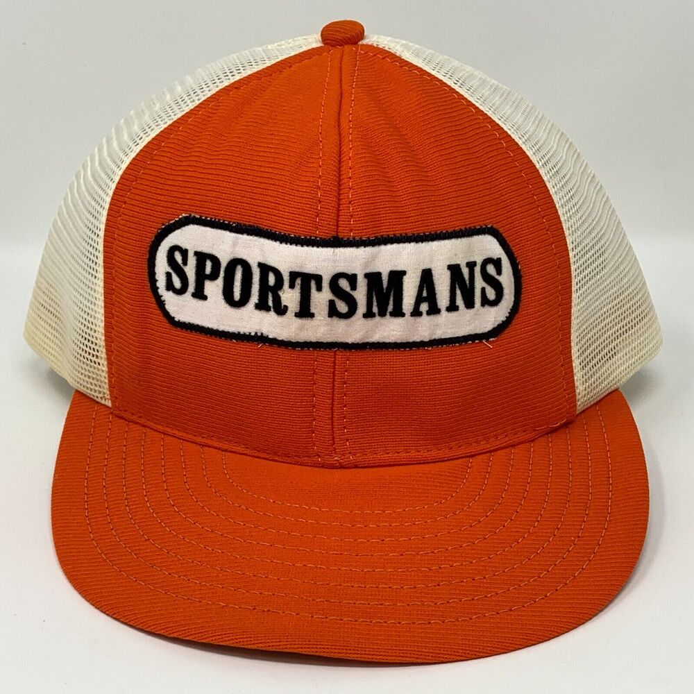 Vintage 80s Sportsmans Trucker Hat Baseball Cap Orange Made In USA Mesh Snapback